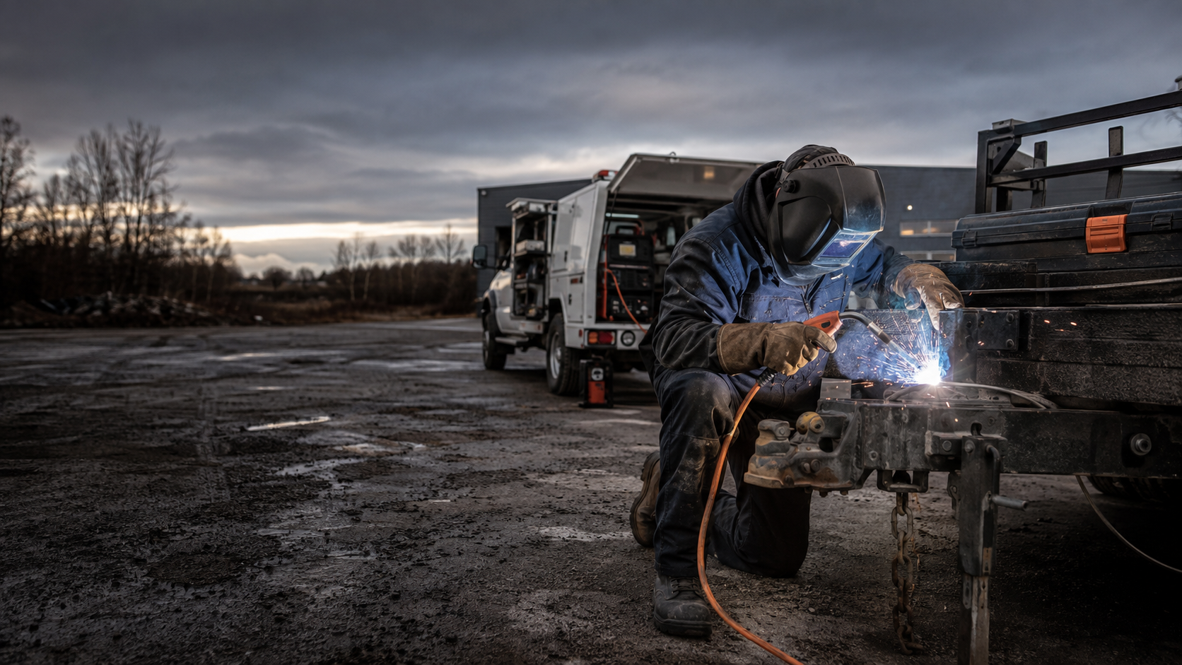 Mobile welder repairing a trailer on site